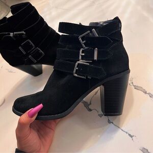 INC International Concepts Black Heeled Boots with Buckle Detail